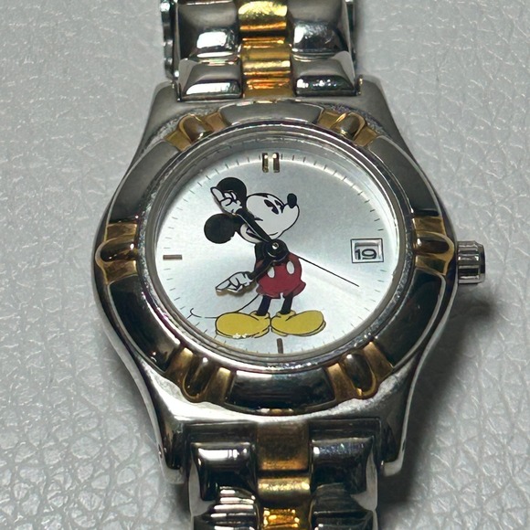 Disney Mickey Mouse Two-Tone Quartz Watch Silver Gold Needs Battery Date Window‎ - Picture 1 of 10